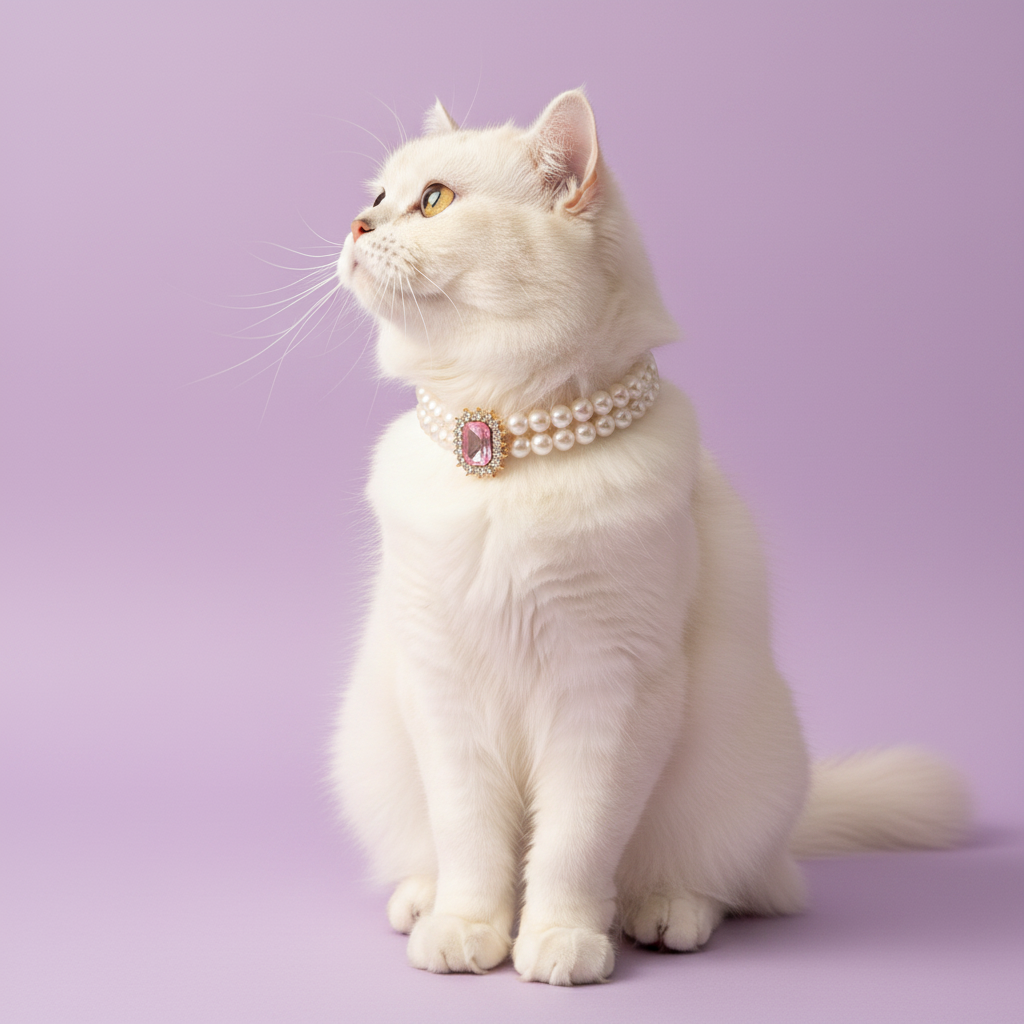 White Persian cat seated and gazing upward wearing luxury double-strand pearl cat collar with pink crystal centerpiece on lavender background