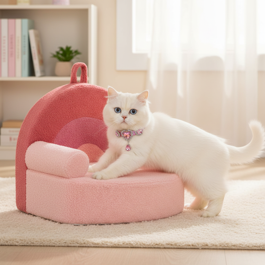 Persian cat playing on the pink pet chair wearing the exact pink heart jeweled collar