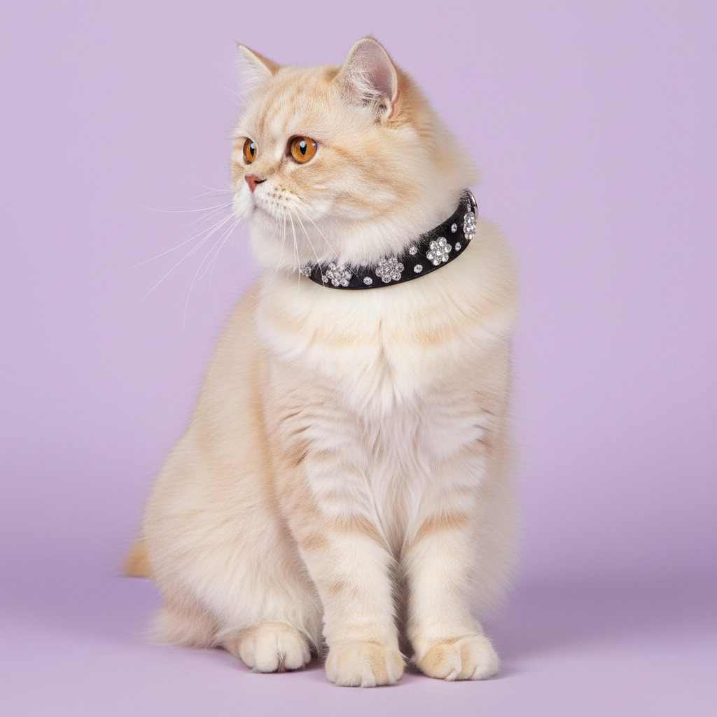 Persian cat wearing a jeweled collar against a soft lavender studio background.