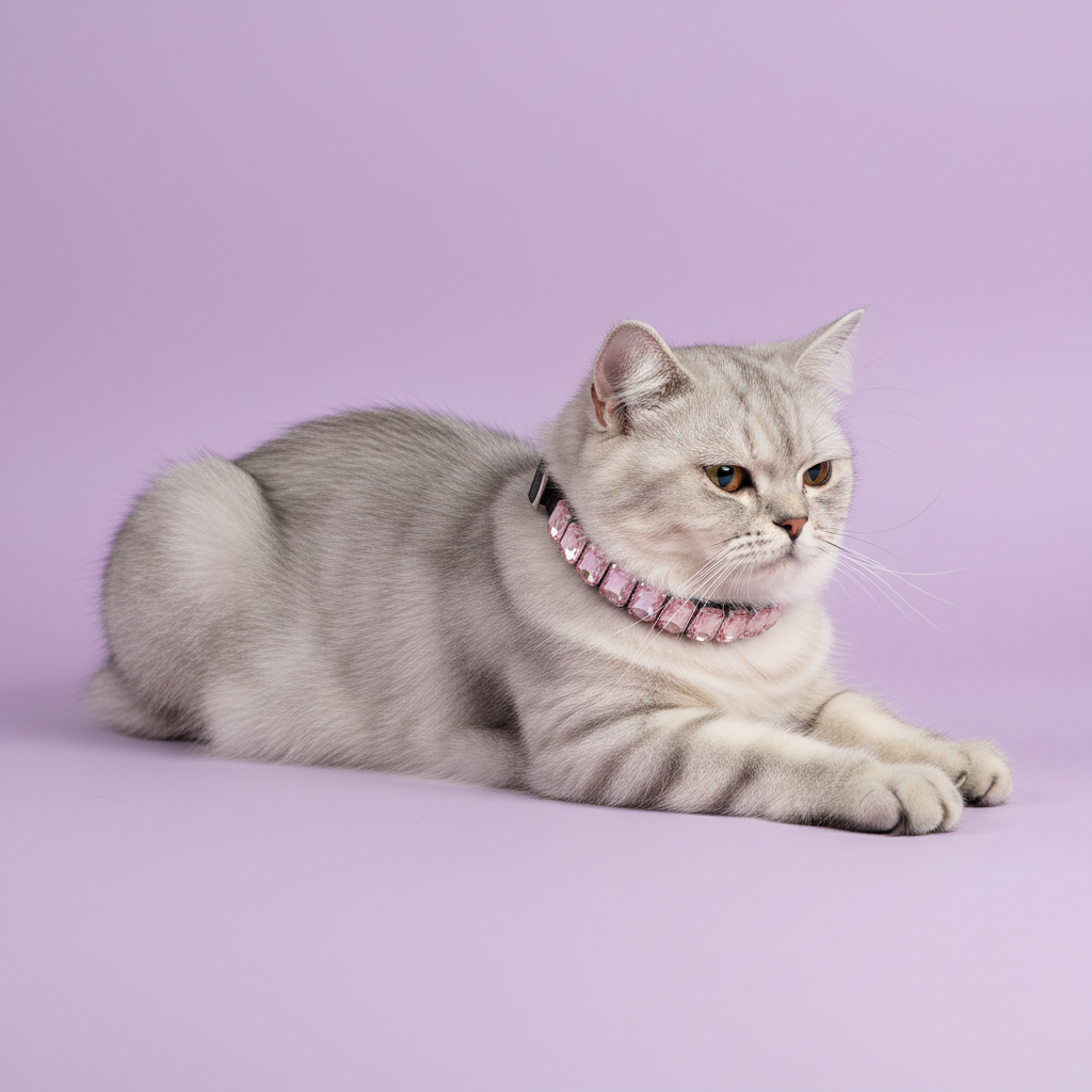 Silver Persian cat lying down and wearing a pink crystal rhinestone collar against a soft lavender studio background.