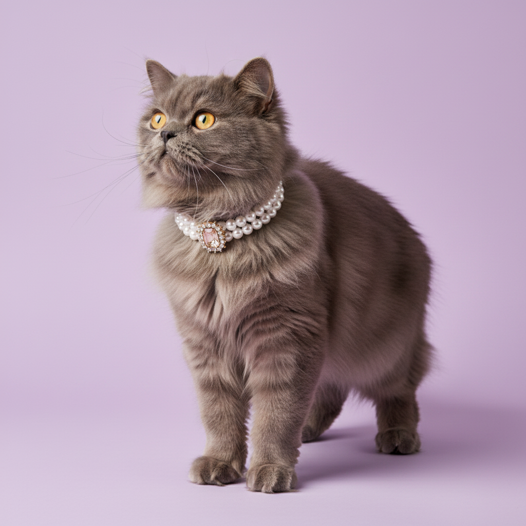 British Shorthair cat wearing luxury double-strand pearl cat collar with pink crystal centerpiece on lavender background