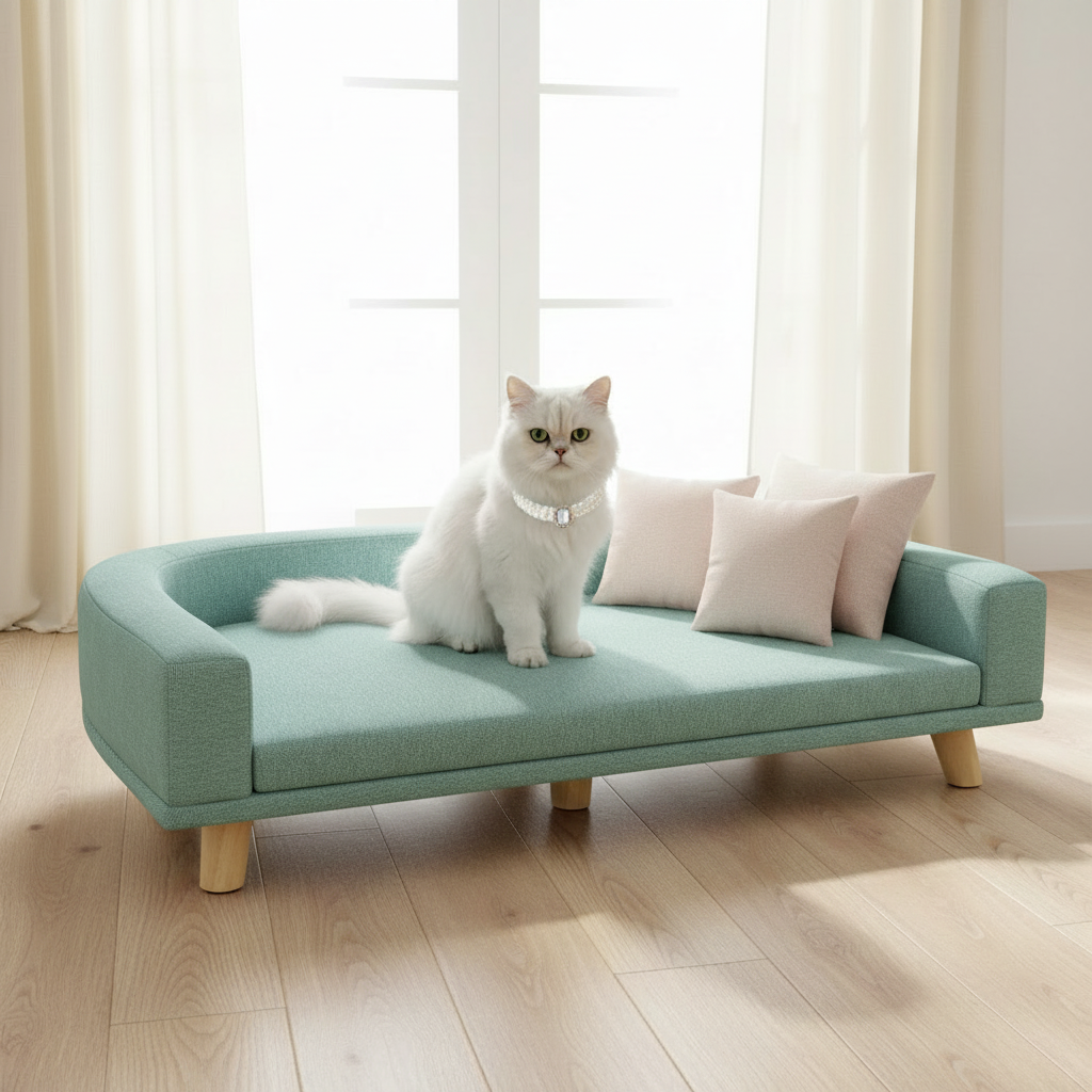 Persian cat with teal-green couch