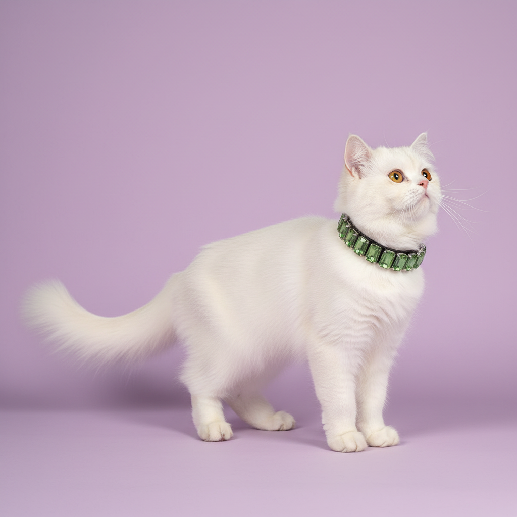 Persian cat wearing a green rhinestone collar against a soft lavender studio background.