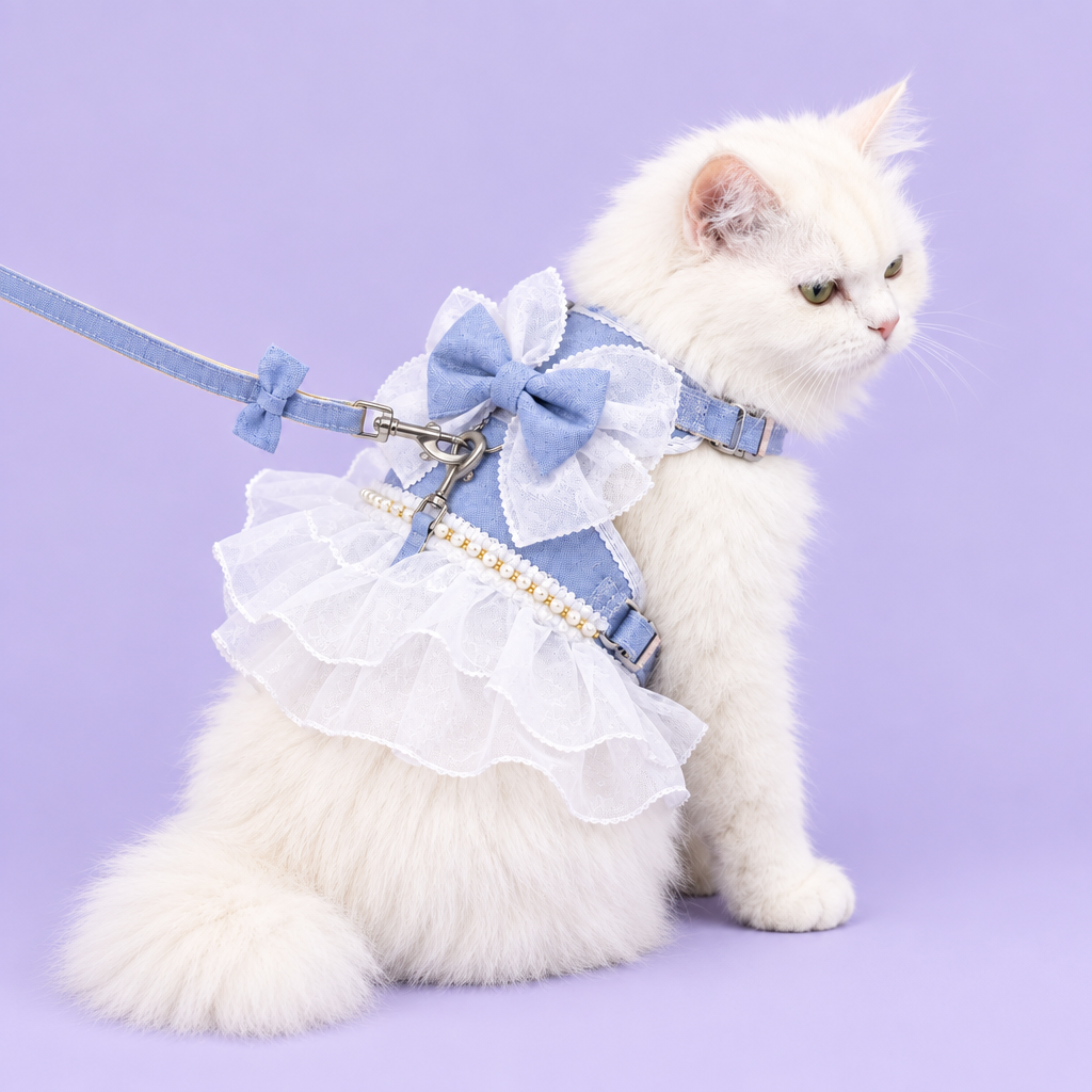 Persian in blue ruffled harness