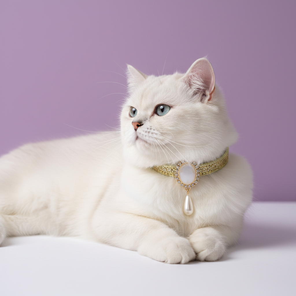 White Persian cat with blue-green eyes lounging and gazing to the side wearing a gold glitter breakaway cat collar with a large oval pearl centerpiece, rhinestone surround, and pearl teardrop pendant