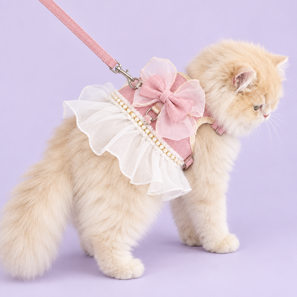 Persian in pink ruffled harness