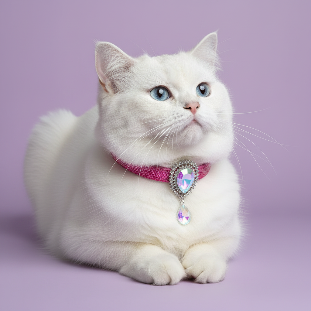 White Persian cat with blue eyes lounging in loaf position and gazing upward wearing a hot pink slim breakaway cat collar with a silver rhinestone and aurora borealis crystal teardrop pendant