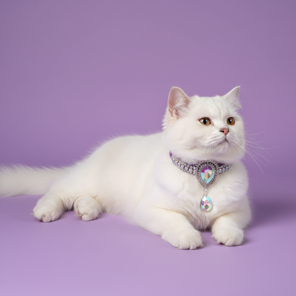White Persian cat wearing purple rhinestone breakaway cat collar with aurora borealis crystal teardrop pendant