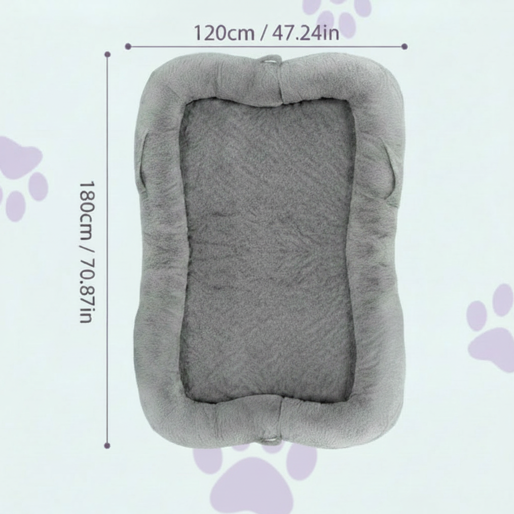 Human-sized dog bed dimensions diagram showing 120cm x 180cm (47.24 x 70.87 inches) grey plush oversized pet bed top view