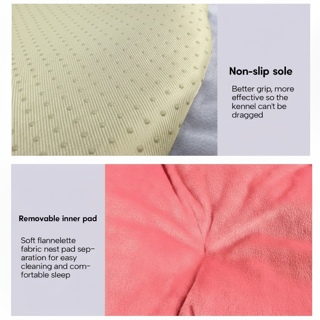 Feature graphic for ruffle pet bed highlighting non-slip dotted sole and removable soft flannelette inner pad, with close-up detail shots, lavender panel background with bold text callouts