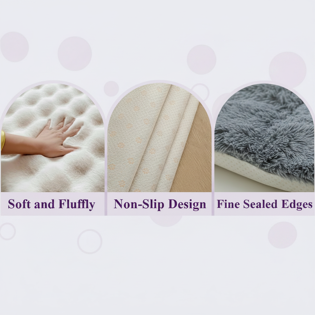 Round plush pet mat three-feature infographic highlighting soft and fluffy cushioning, non-slip design, and fine sealed edges with lavender arch panels on light background