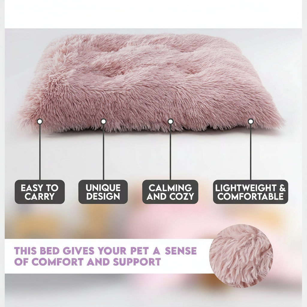 Feature infographic showing a dusty blush pink long shaggy faux fur flat pet bed mat with four dark pill-shaped callout labels: Easy to Carry, Unique Design, Calming and Cozy, and Lightweight and Comfortable, with a lavender text banner at the bottom reading: This bed gives your pet a sense of comfort and support, and a close-up inset of the plush fur texture