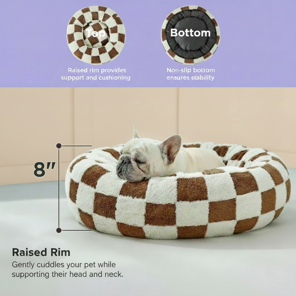 Feature infographic for a brown and cream checkered plush round donut pet bed, with a lavender banner at the top showing Top view (raised rim provides support and cushioning) and Bottom view (non-slip bottom ensures stability), and a lifestyle photo of a sleeping white French Bulldog in the bed with an 8" measurement callout and text reading Raised Rim — Gently cuddles your pet while supporting their head and neck