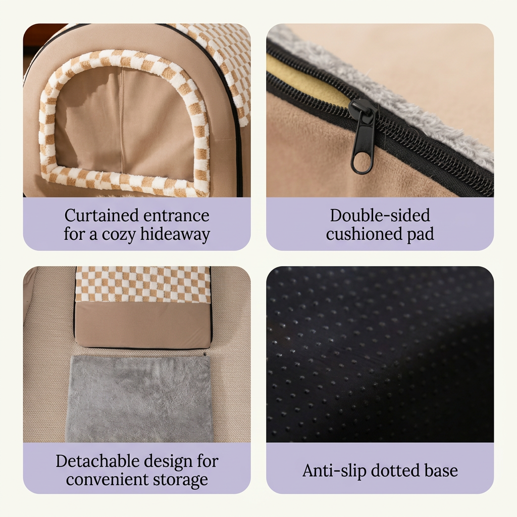 Pet-house feature graphic with lavender caption bars and cream styling