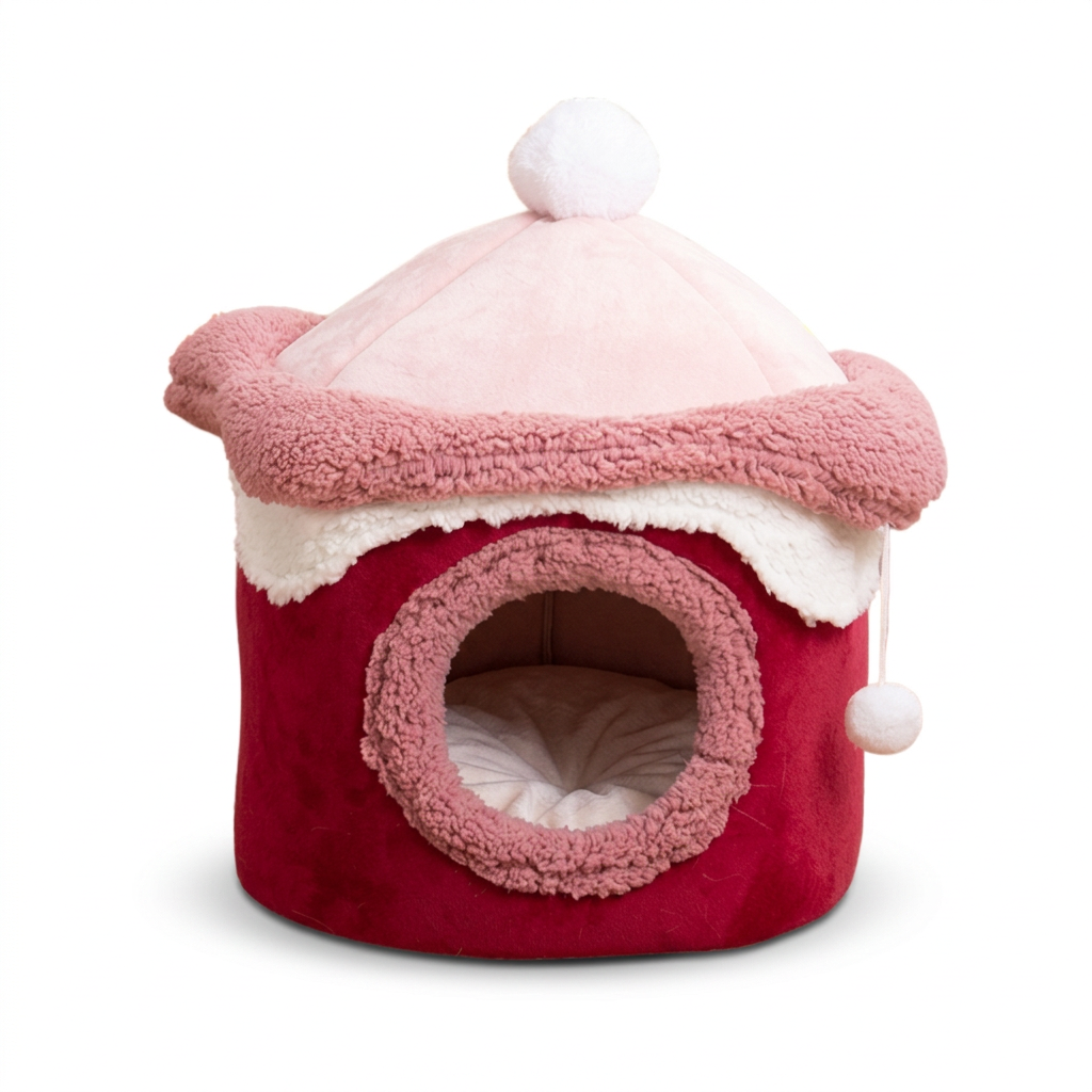 Pet house recolored to match the raspberry red and dusty pink reference