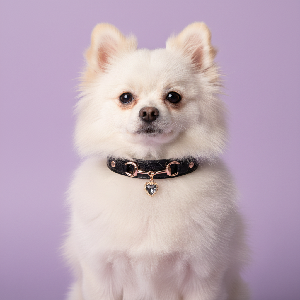 White Pomeranian wearing a black leather pet collar with rose gold snaffle-bit hardware and a grey crystal heart charm pendant, on a soft lavender background