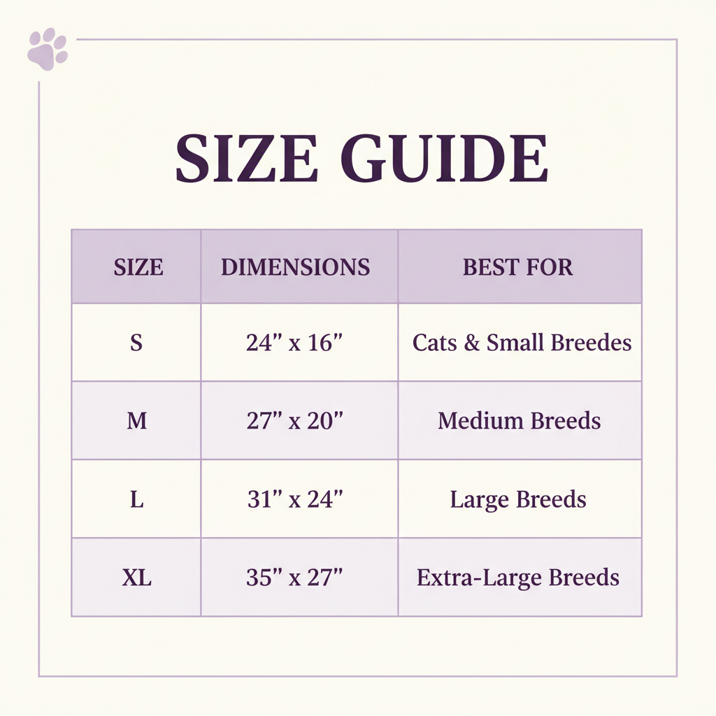 Pet mat size guide chart showing four sizes: Small 24x16 inches for cats and small breeds, Medium 27x20 inches, Large 31x24 inches, and XL 35x27 inches for extra-large breeds on cream background with lavender accents