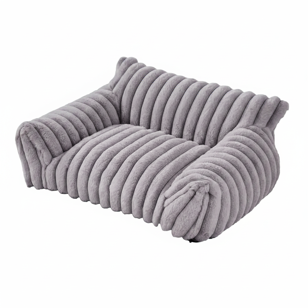 Light grey rectangular pet sofa bed with thick ribbed channel-tufted plush fabric, raised back and side bolsters, and a flat cushioned seat, shown at a 3/4 angle on a white background