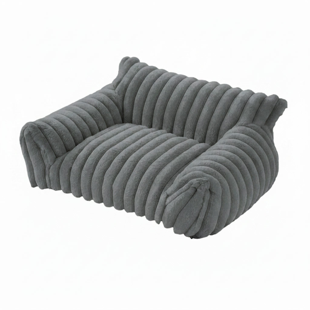 Slate grey ribbed channel-tufted plush pet sofa bed with raised back and side bolsters, shown at a 3/4 angle on a white background