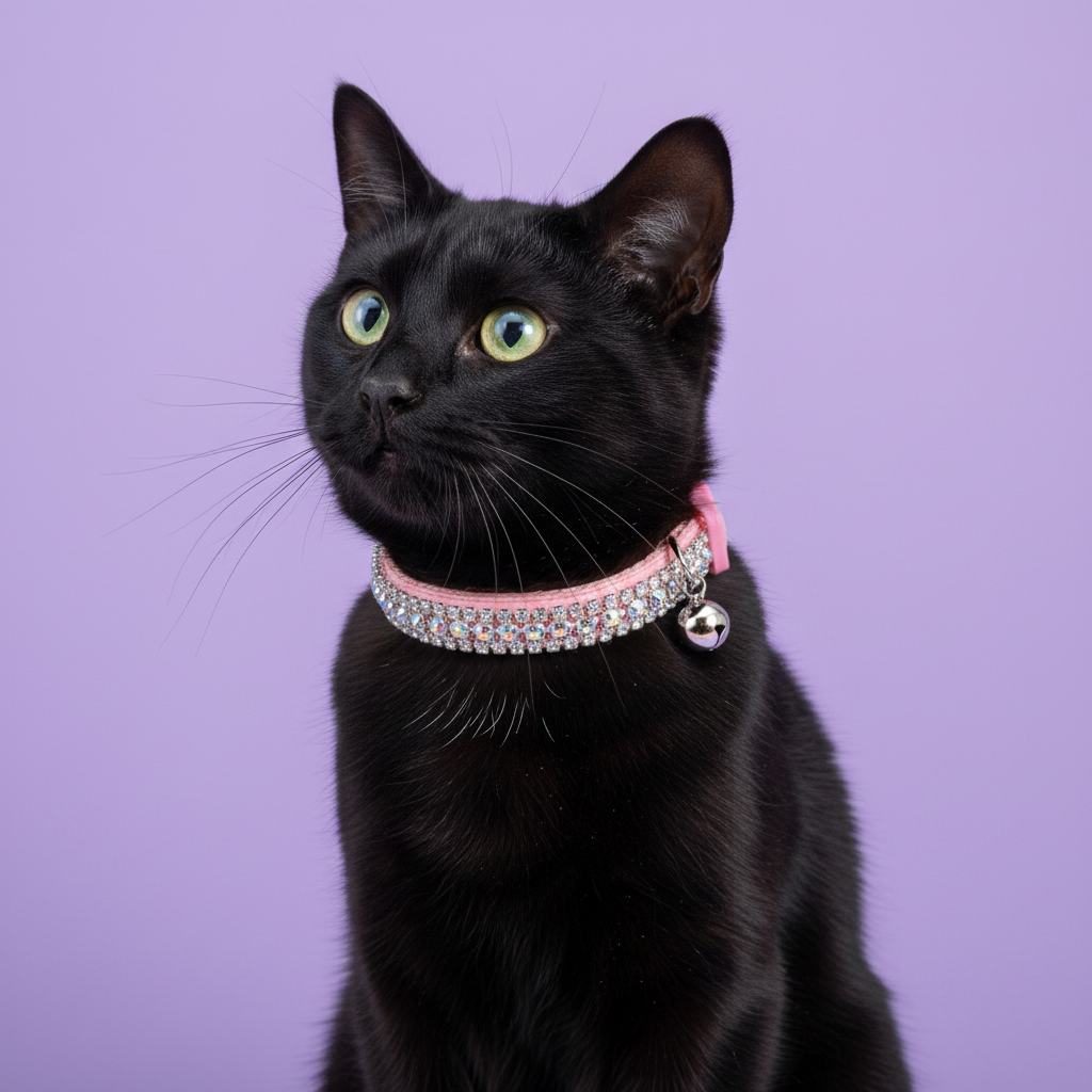 Green-eyed black cat sitting upright wearing a pink AB rhinestone cat collar with silver bell