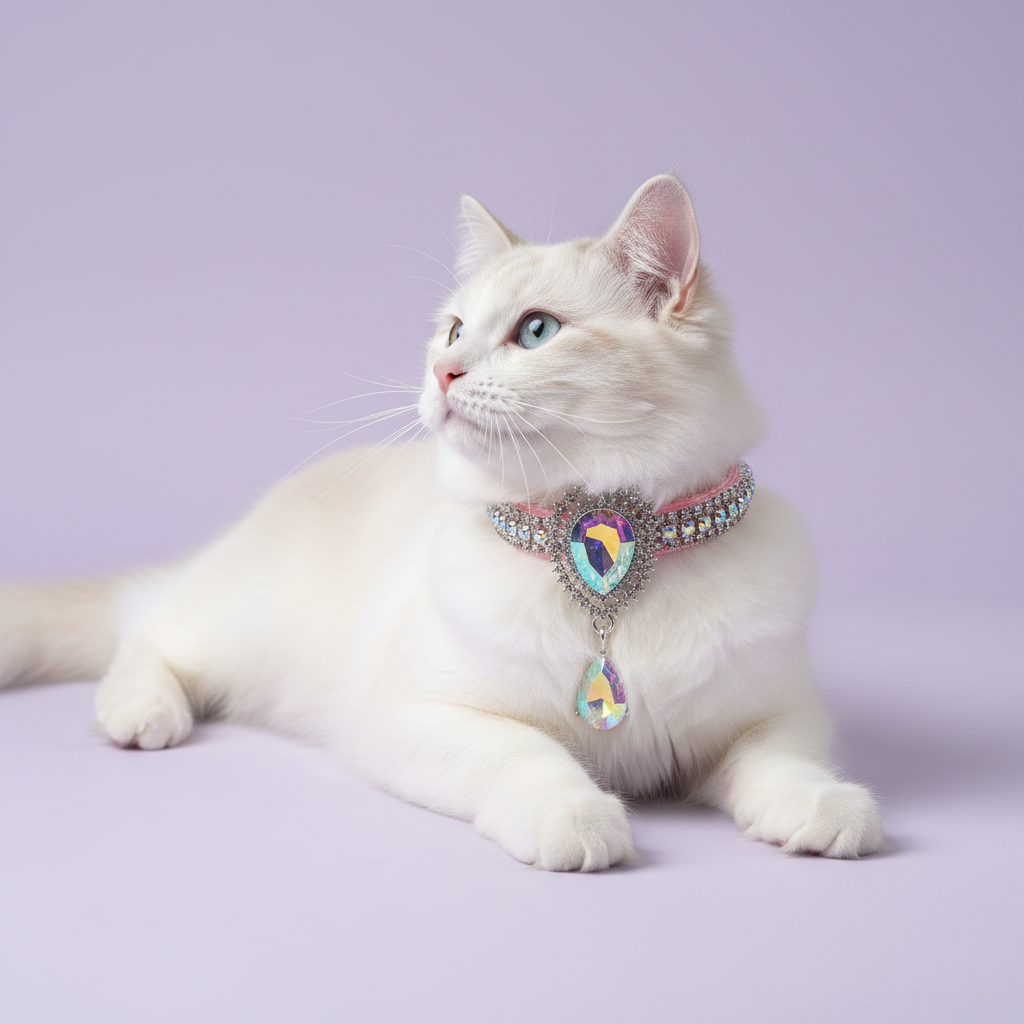 Blue-eyed white Ragdoll cat lounging and gazing up wearing a pink rhinestone cat collar with AB teardrop sunburst centerpiece and dangling AB teardrop pendant