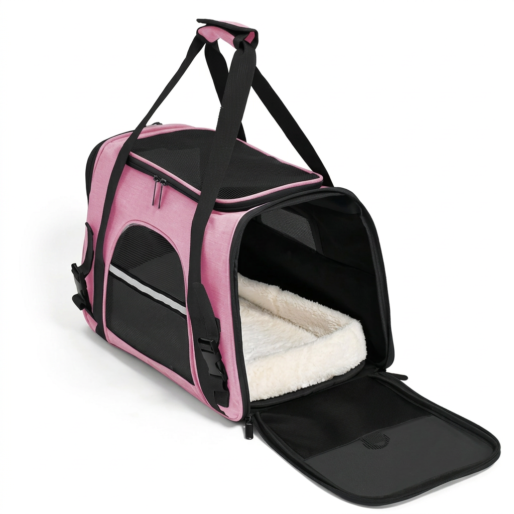 Pink and black pet carrier isolated on a white background