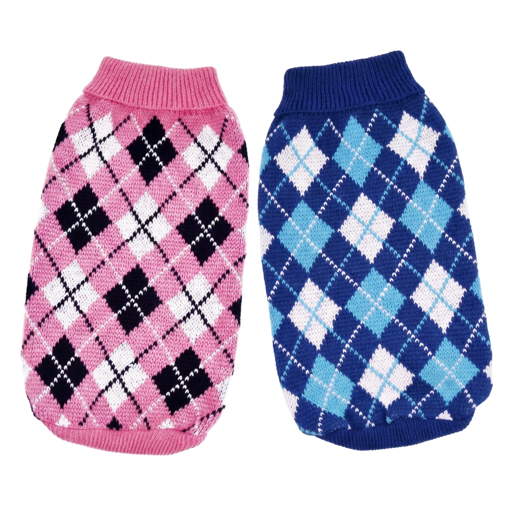 Pink and blue argyle sweaters in an angled arrangement on a square white background