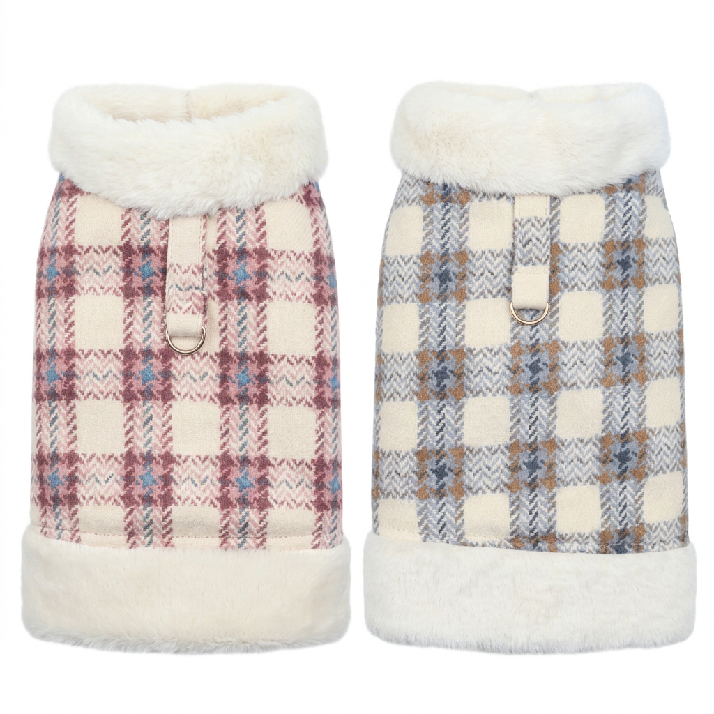 Pink and blue-gray plaid pet vests, exterior views on white