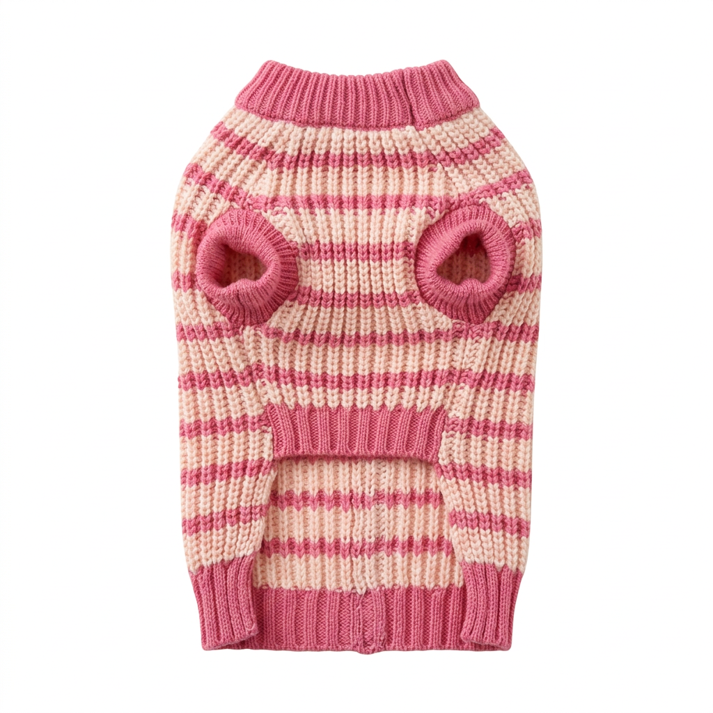 Pink and cream sweater underside on a square white background