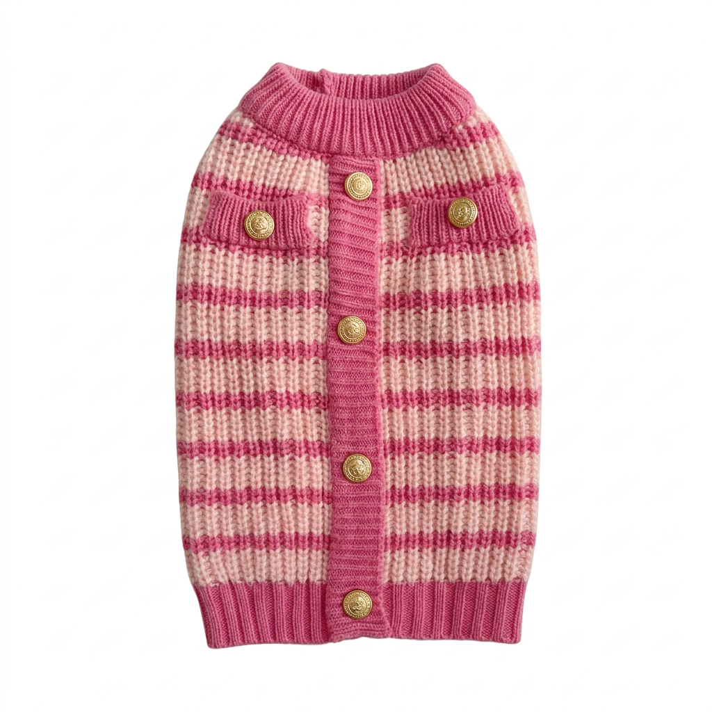 Pink and cream sweater with gold buttons on a square white background