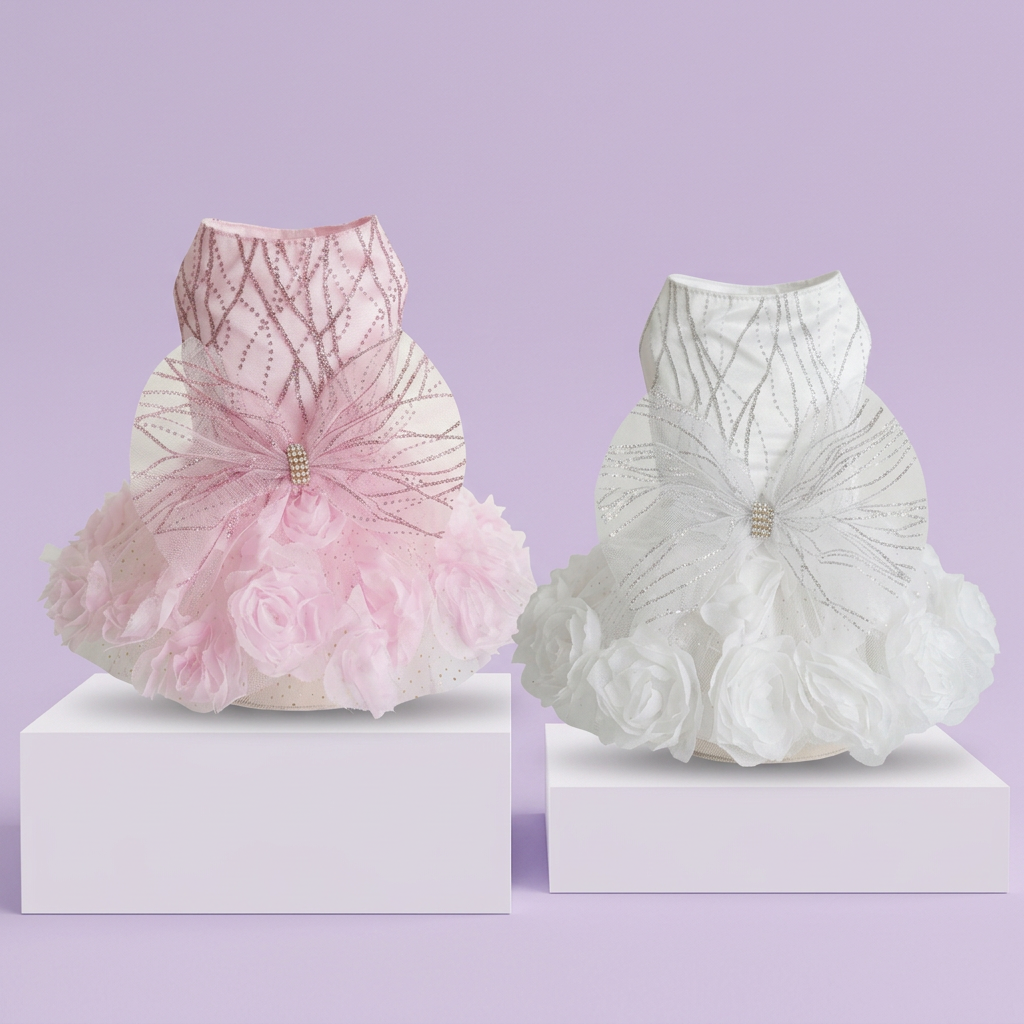 Pink and white rosette pet dresses on white display tiers against soft lavender