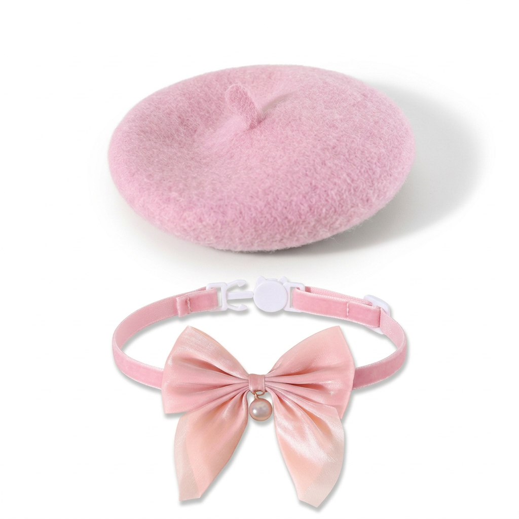 Pink beret above the matching bow collar, clipped closed on a white background