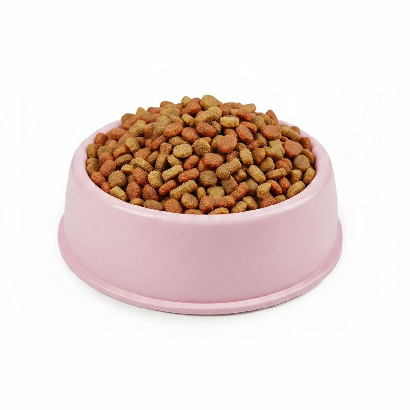 Blush pink pet food bowl filled with dry kibble — simple dog and cat food bowl