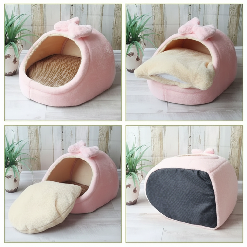 Four-view grid of pink plush igloo cat cave bed with fluffy bow detail showing: interior with woven mat insert, hood folded back with cream cushion, cushion removed and laid flat, and non-slip bottom view