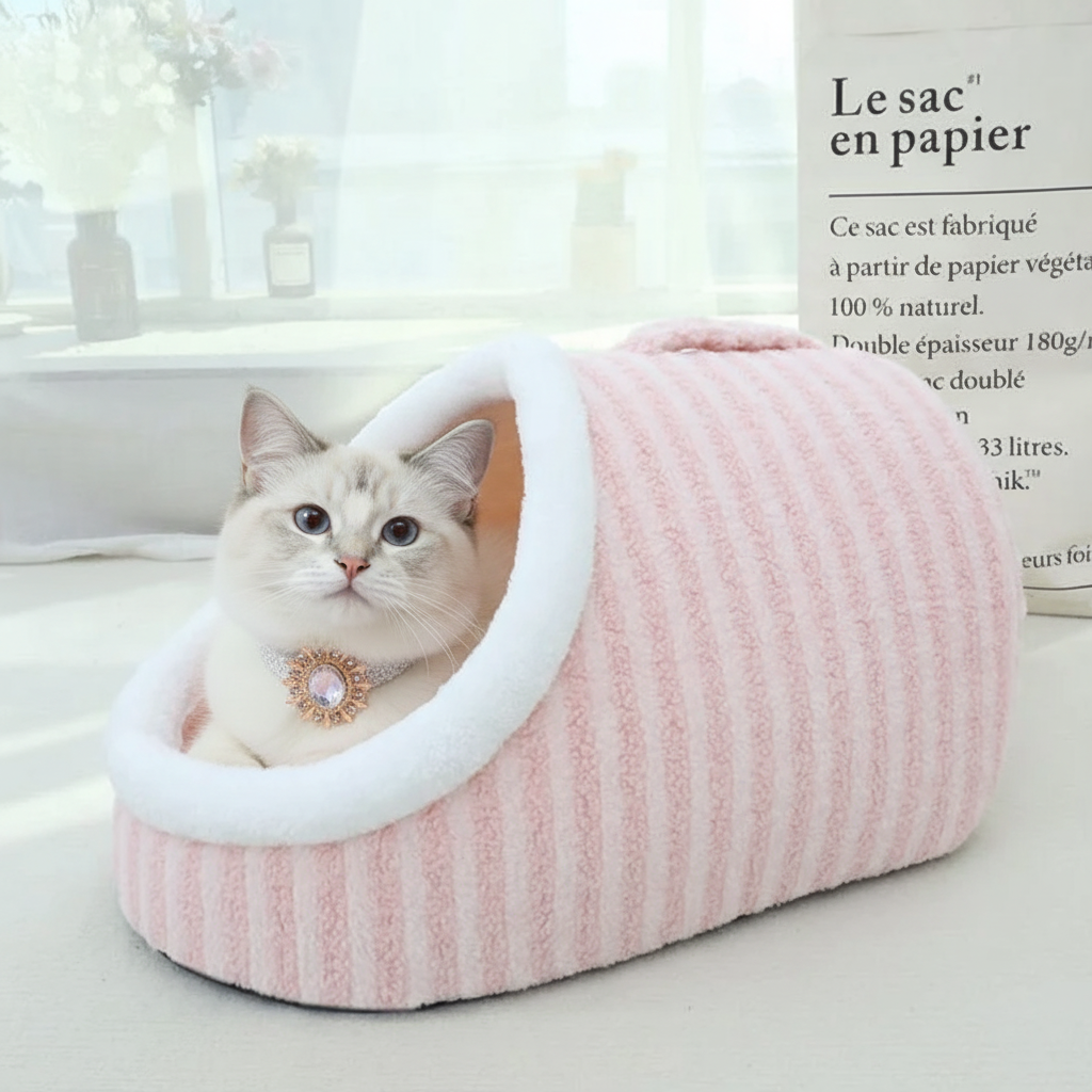 White Ragdoll cat wearing a gold sunburst gemstone collar peeking out of a blush pink corduroy cave pet bed with a white fleece-lined oval opening, in a bright minimal setting.