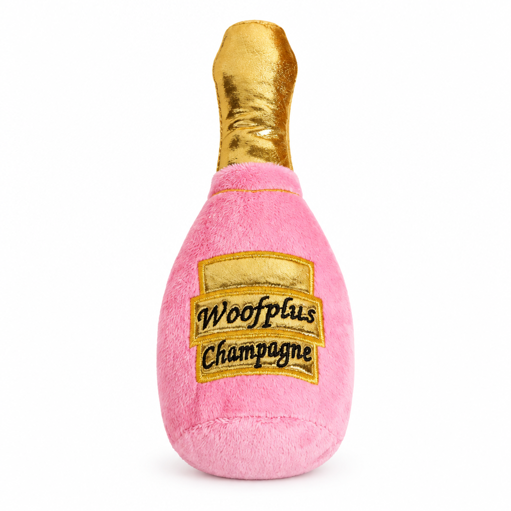 Pink champagne plush centered on a white square background