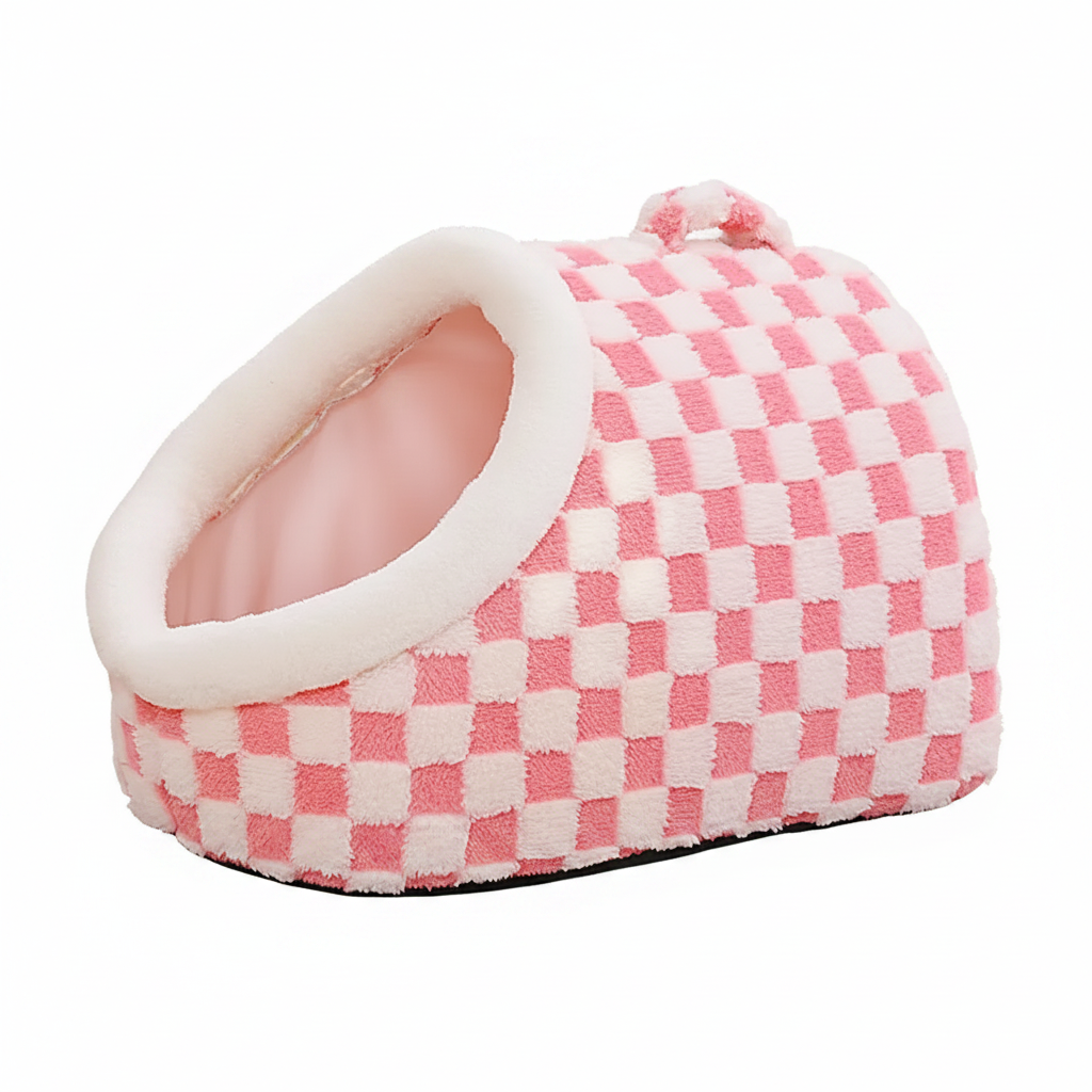 Pink and white checkerboard plush pet igloo cave bed with padded dome entrance and bear ear accents on white background