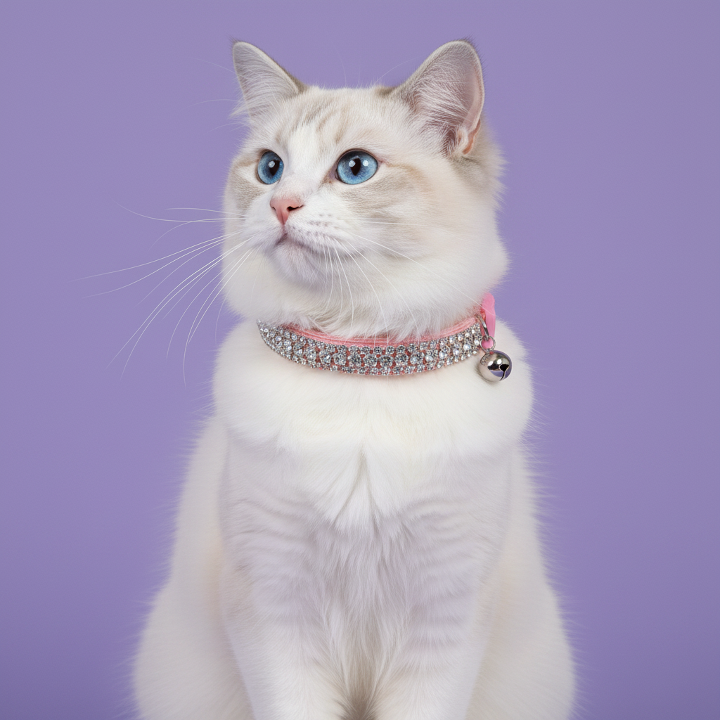 Blue-eyed white Ragdoll cat sitting upright wearing a pink clear rhinestone cat collar with silver bell