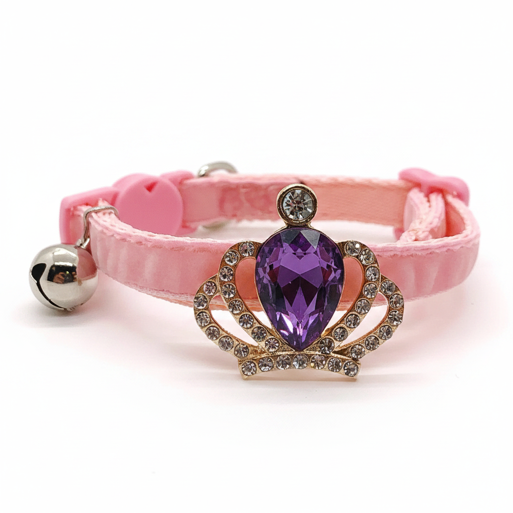 Blush pink velvet cat collar with gold crown pendant, large purple amethyst teardrop gem, rhinestone accents, heart safety breakaway buckle and silver bell — luxury cat collar