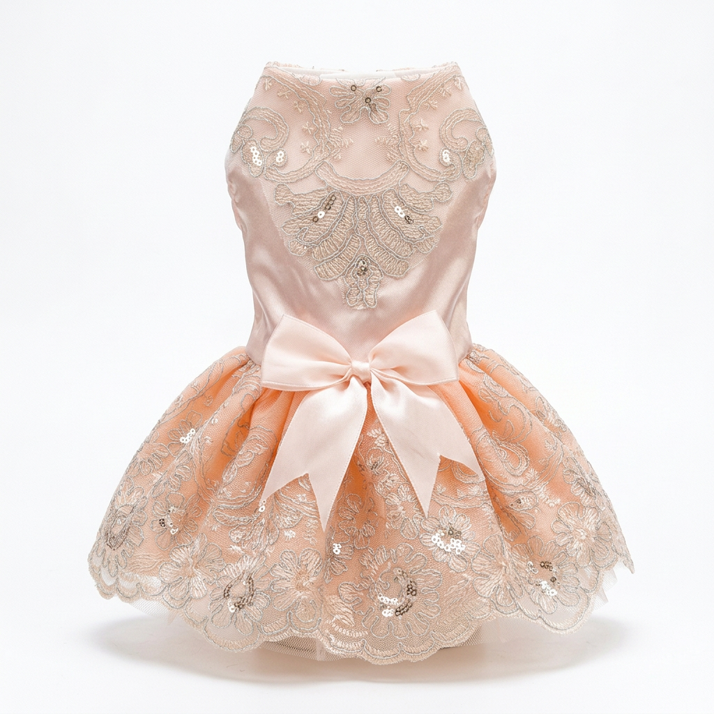Pink embroidered pet dress in an upright product presentation on white