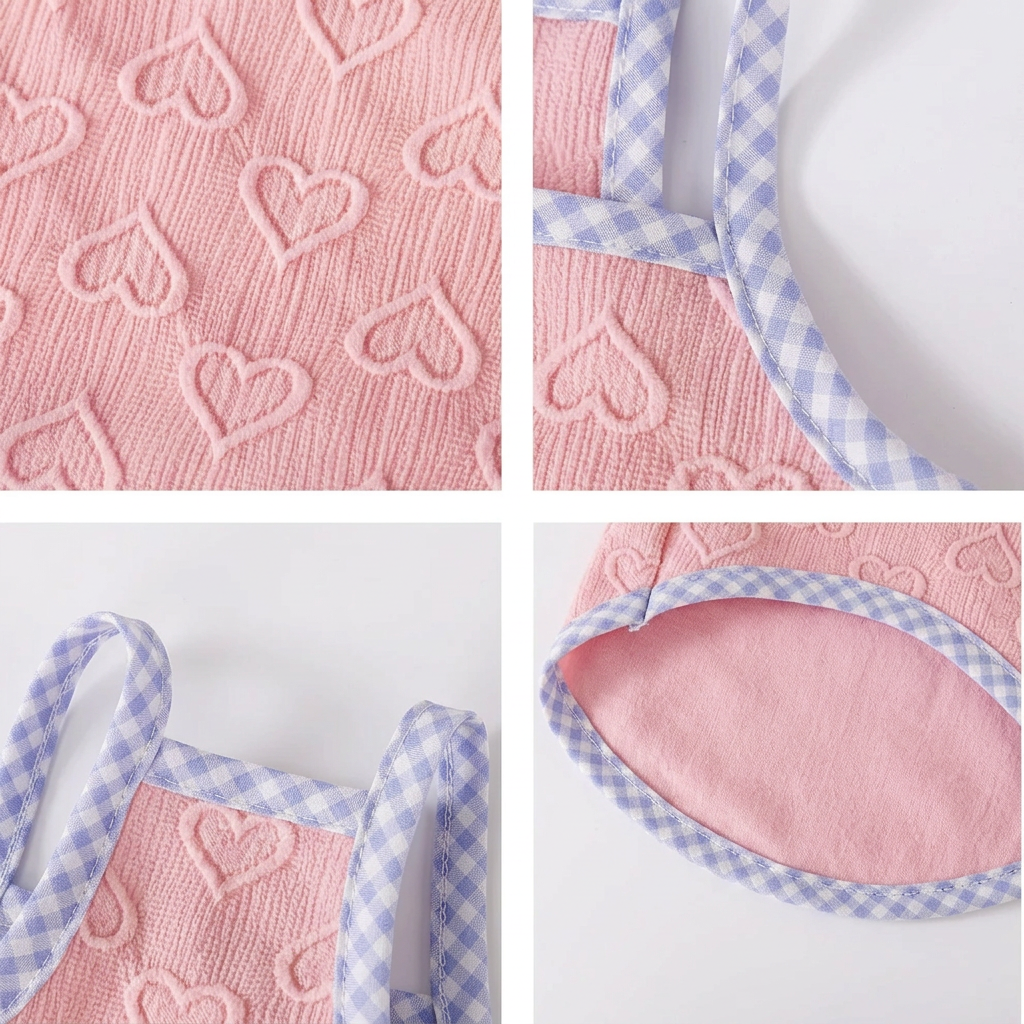Pink fabric detail collage with blue gingham trim
