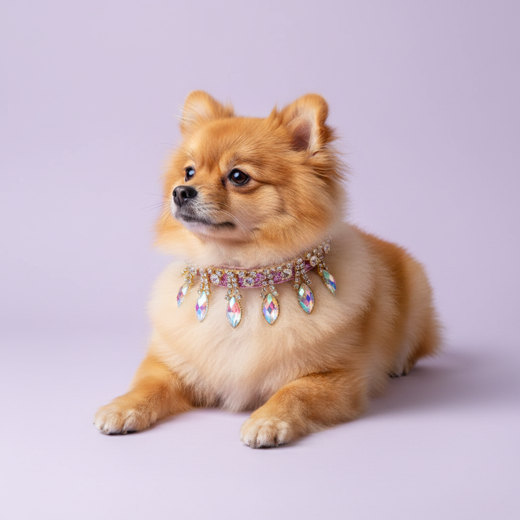 Golden Pomeranian lounging and gazing to the side wearing a pink rhinestone dog collar with dangling AB crystal marquise fringe drops