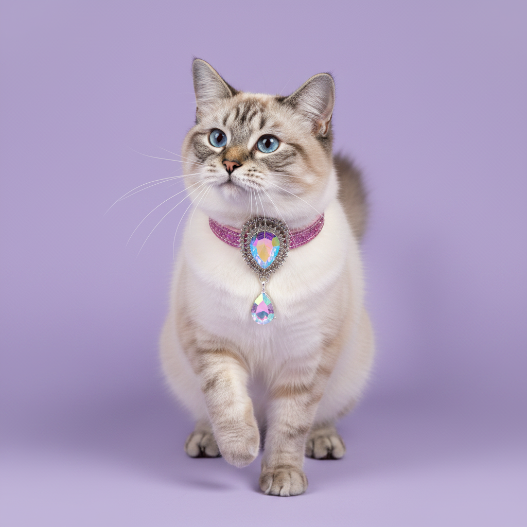Blue-eyed Ragdoll cat mid-prance with one paw raised and facing the camera wearing a pink glitter breakaway cat collar with an AB crystal oval centerpiece and a dangling AB teardrop pendant set in silver