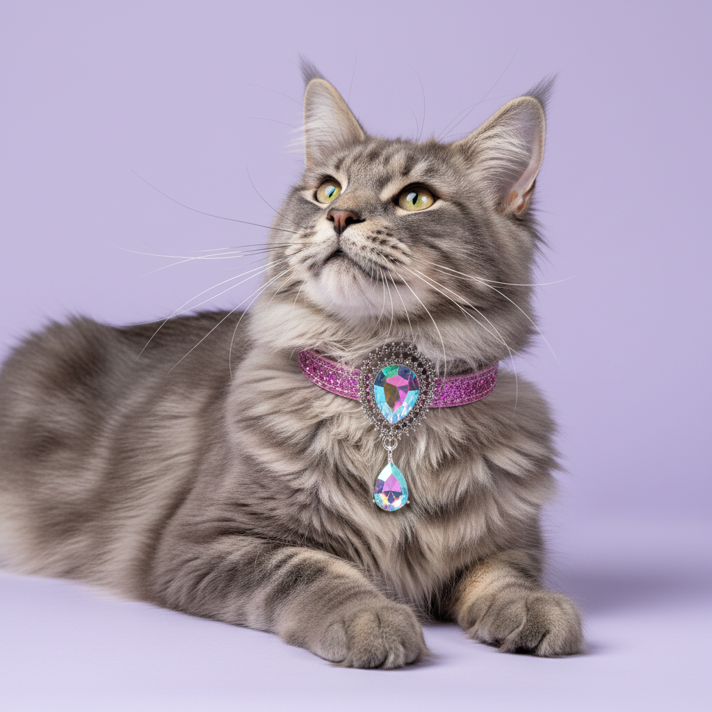 Green-eyed grey Maine Coon lounging and gazing upward wearing a pink glitter cat collar with AB iridescent teardrop gem double sunburst centerpiece and dangling AB teardrop pendant on lavender background