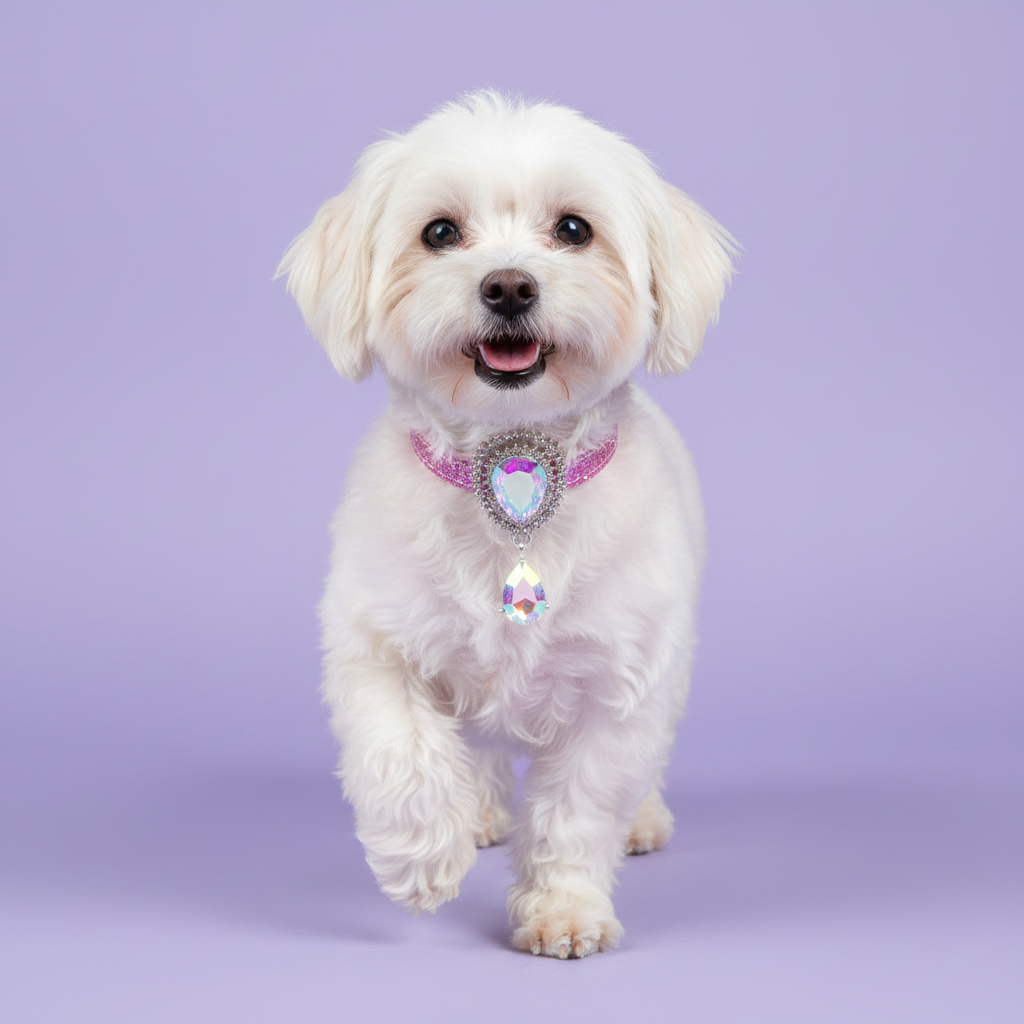 White Maltese mid-prance facing forward with mouth open and happy expression wearing a pink glitter dog collar with AB iridescent teardrop gem double sunburst centerpiece and dangling AB teardrop pendant on lavender background