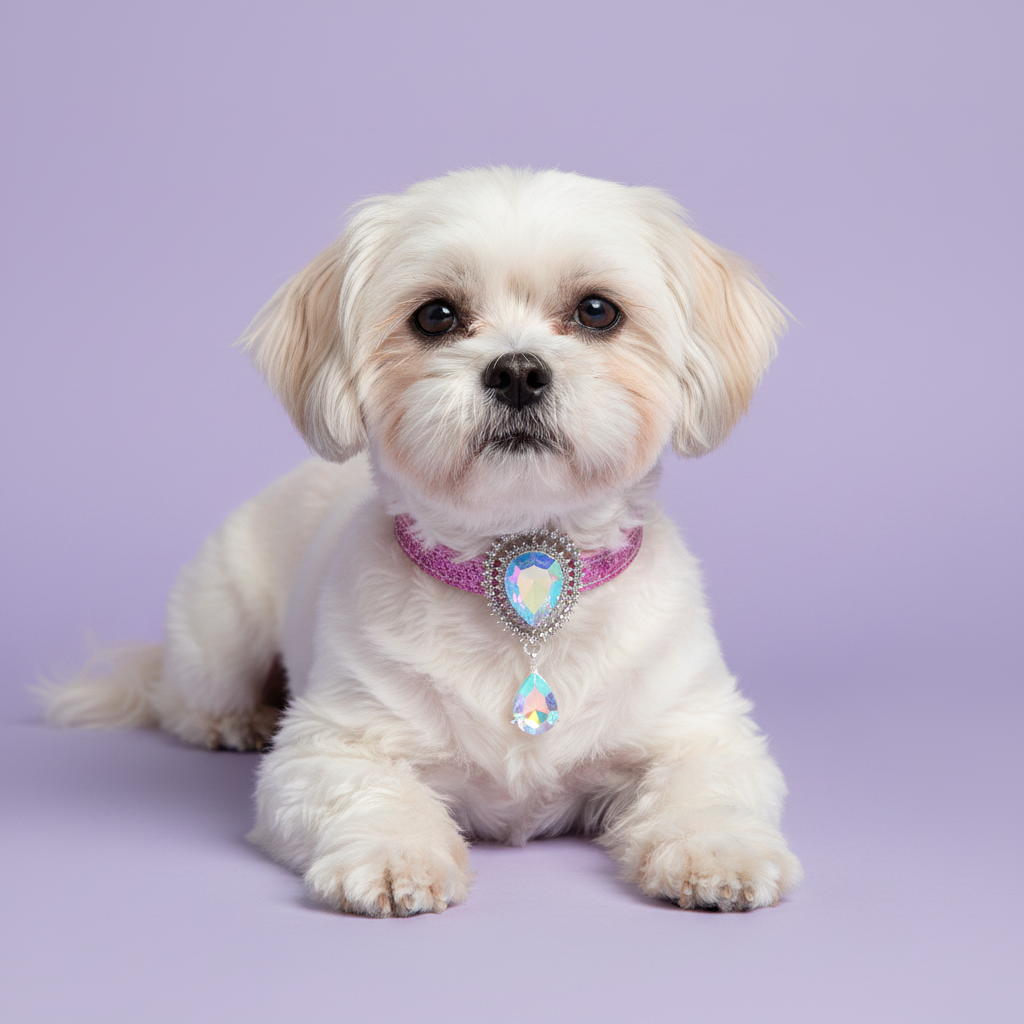 White Shih Tzu lounging with paws stretched forward and facing the camera wearing a pink glitter dog collar with an AB crystal oval centerpiece and a dangling AB teardrop pendant set in silver