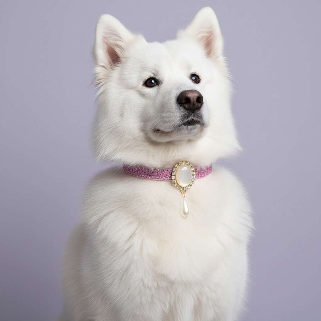White Samoyed sitting wearing a pink glitter rhinestone dog collar with oval moonstone centerpiece and pearl drop pendant