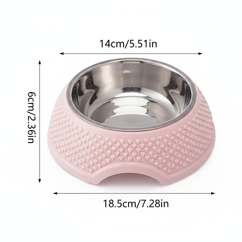Heart embossed single pet bowl dimensions diagram showing 5.51 inch diameter opening, 7.28 inch base width, and 2.36 inch height with removable stainless steel insert