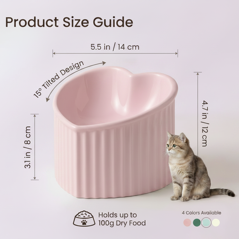 Product size guide infographic for a pink ceramic heart-shaped pet bowl with ribbed exterior, showing dimensions of 5.5in wide, 4.7in tall, 3.1in deep, 15-degree tilted design, holds up to 100g dry food, available in 4 colors, with a tabby cat sitting beside it, white background

