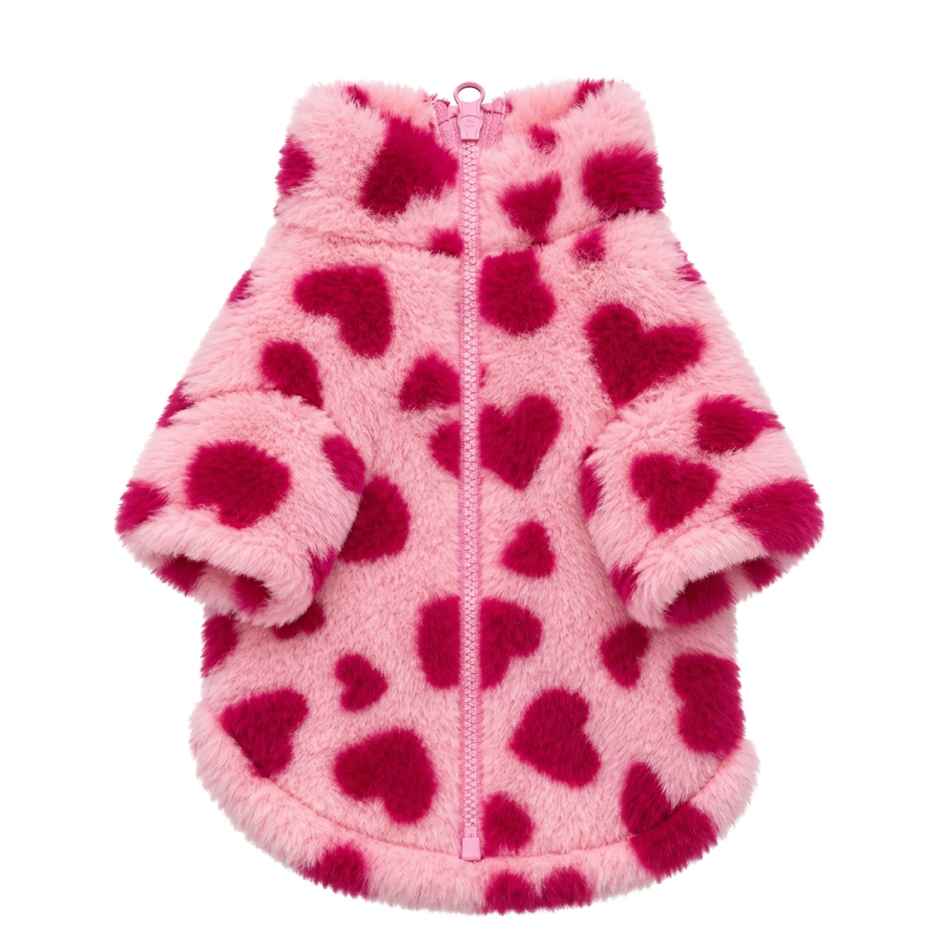Pink heart-pattern plush pet jacket centered on a square white background